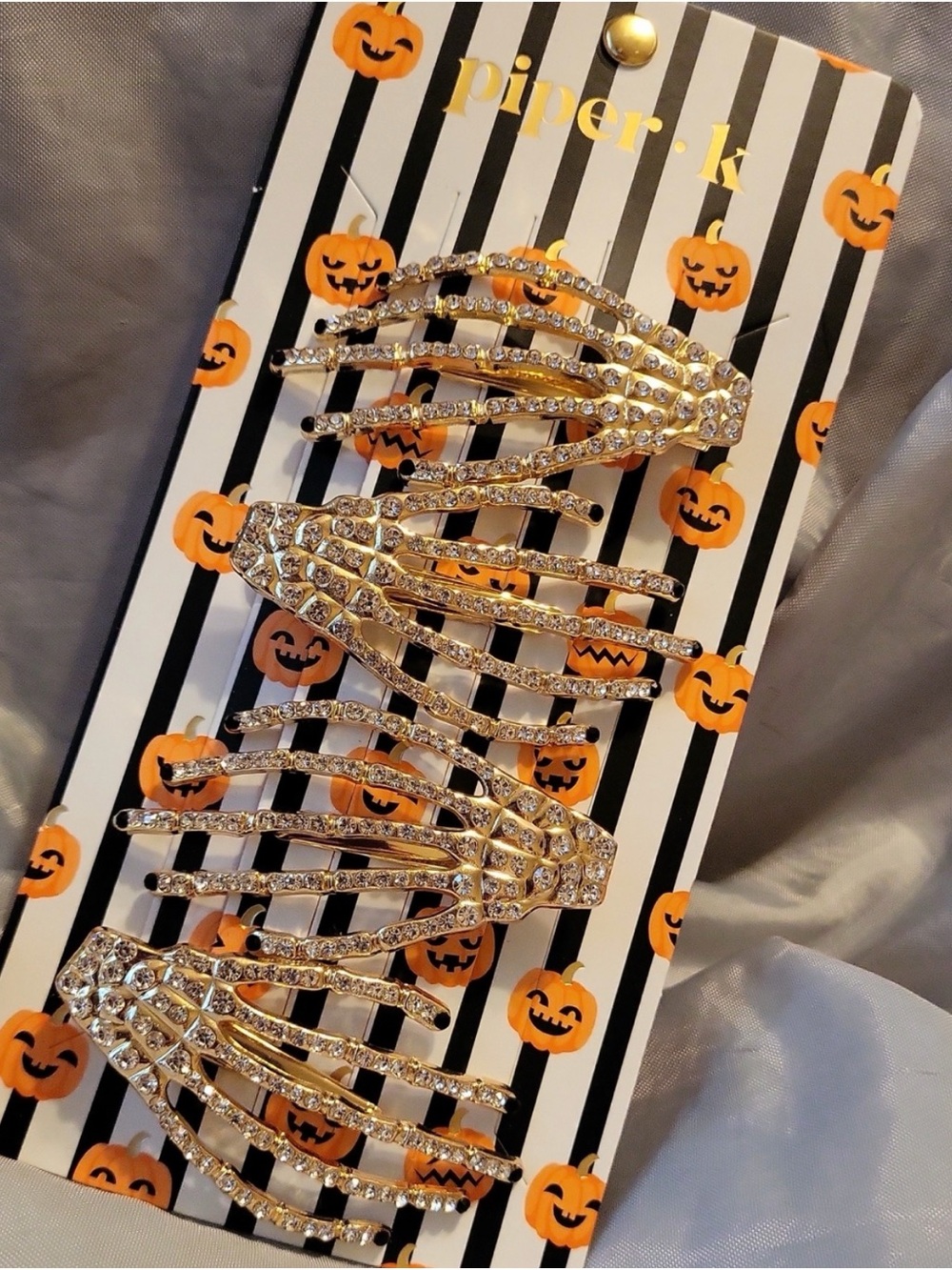 NWT Piper K. Set of 4 Rhinestone Skeleton Hand Hair Clips